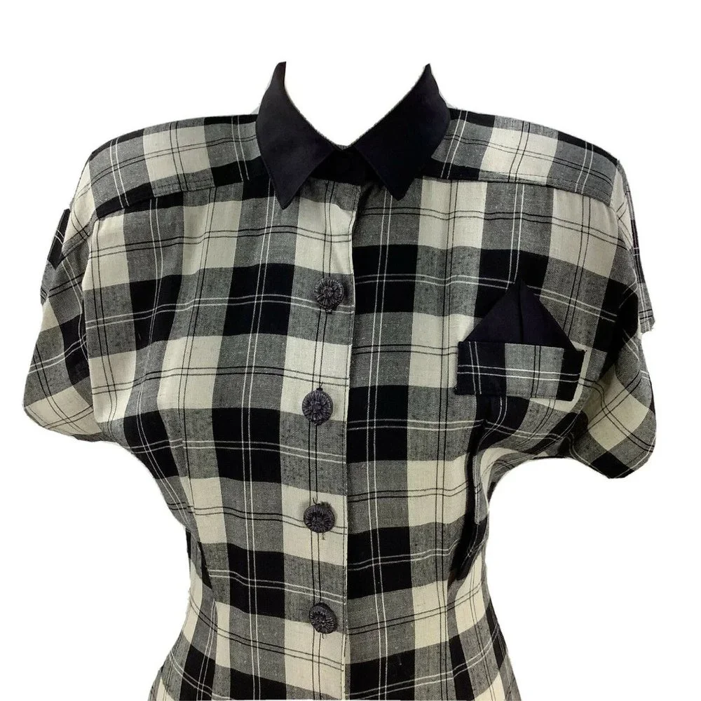 Vintage NICA PICCALINO Dress *size 8 Plaid Button Front Shoulder Pads Midcalf - Picture 3 of 7